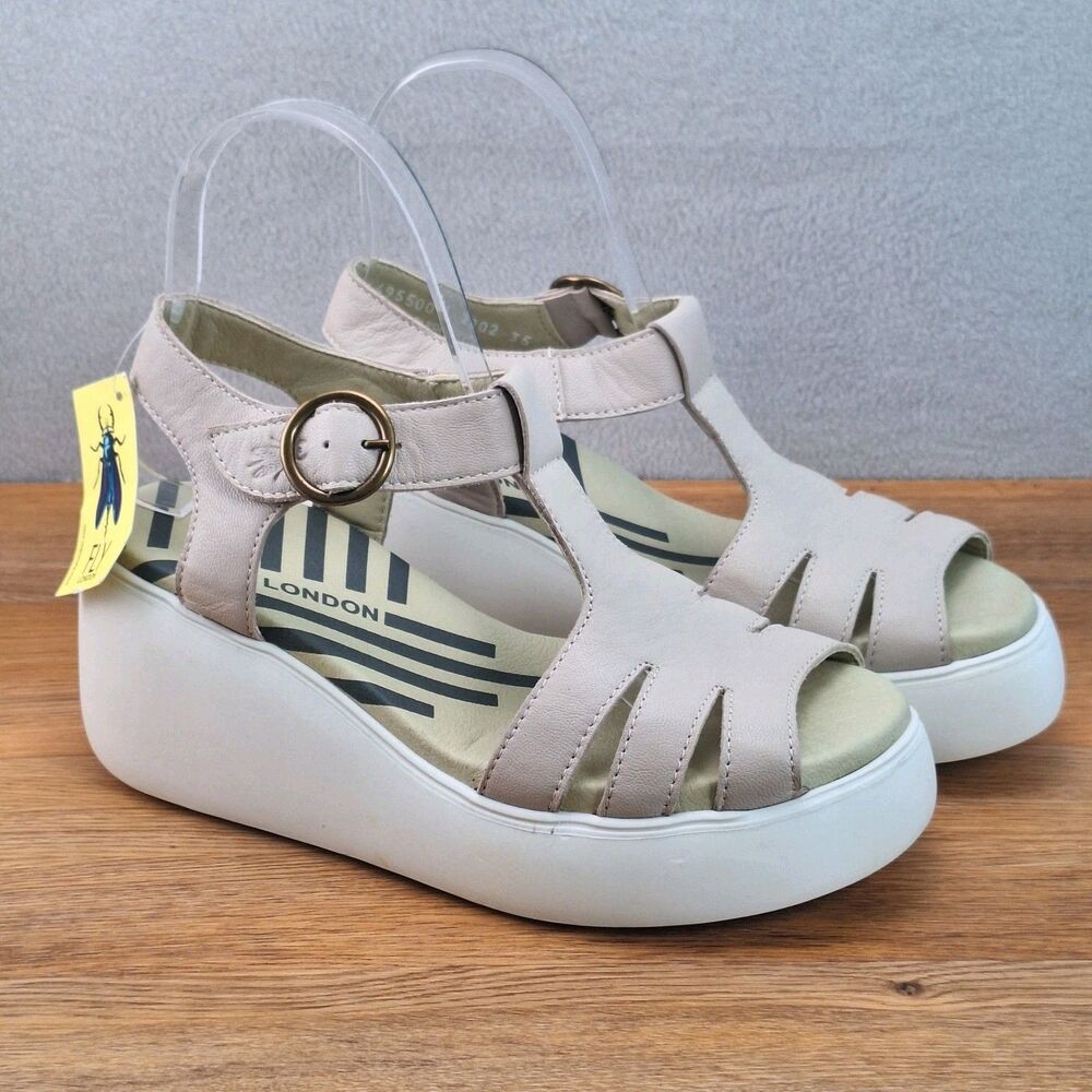 Fly London Duma Women' 5 EU 35 Platform Wedge Sandals Off White Leather Portugal